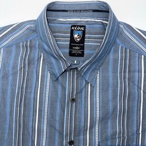 Kuhl Suncel Tencel Blend Short Sleeve Blue Striped Button Up Hiking Outdoor L